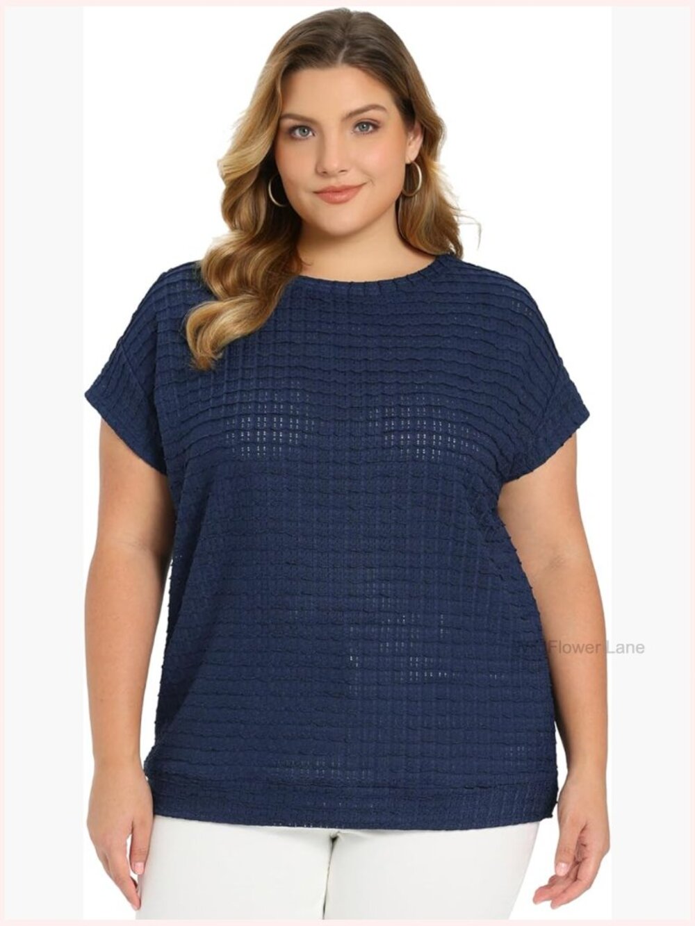 Plus Size Short Sleeve Pointelle Knit Top Crew Neck Loose Blouse Casual